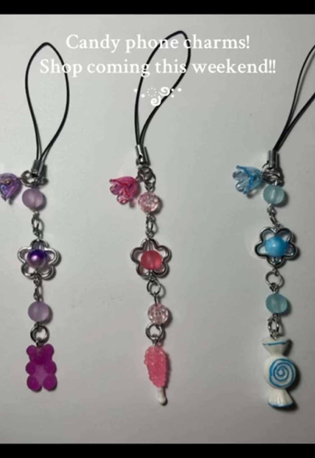 Shop coming this weekend!!! I’m so excited! Like and follow :) #SmallBusiness #phonecharm #charm #charms #candy #rockcandy #gummybears #candywrapper #purple #pink #blue #fyp #fypシ゚viral #fyppppppppppppppppppppppp #viral #handmade #chain 
