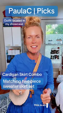 Matching cardigan, two-piece sweater skirt set. Details carry through from the fabric on the skirt to the matching buttons. It’s versatile, each piece can be more separately. The skirt can be worn, high waisted or off the hips. #cardiganoutfit #cardigans #matchingset #falloutfits 