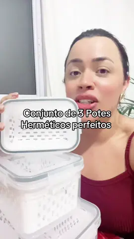 Conjunto com 3 Potes Herméticos com cestinha de drenagem para organização da geladeira! Amei😍😍 #poteshermeticos #organizadordegeladeira #enxovaldecasanova #tiktokshop #acheinashopee 