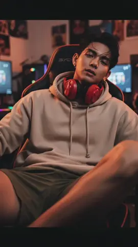 Gemini ai  Prompt; A photorealistic portrait of a young man (Use face from reference photo)sitting slouched in a dark gaming chair with orange edges. Camera positioned directly in front of him, slightly lower than his eye level, shooting upwards (low angle front view). Cropped from mid-thigh upward, with one knee raised closer to the camera, creating depth. He wears a loose oversized beige hoodie with visible folds and drawstrings, olive green shorts, and small hoop earrings, with a red bulky gaming headset resting around his neck. Part of his abdomen shows under the hoodie. Part of his abdomen shows under the hoodie, adding a casual sensual vibe. His hair is slightly messy with damp strands falling over his forehead. His half-lidded eyes and parted lips give a moody, sultry expression. Skin texture is realistic, with visible pores, natural imperfections, light sheen, and subtle shadows — not overly smooth .Dim warm orange lighting from the side casts cinematic shadows across his skin, like the glow from a screen. Ultra-detailed, photorealistic photography style, shallow depth of field, realistic human skin not too smooth, pores, freckles, natural imperfections,RAW photo, unretouched, DSLR photography. Background is his room #CapCut #fyp #tiktokviral #geminiphoto #gemini 