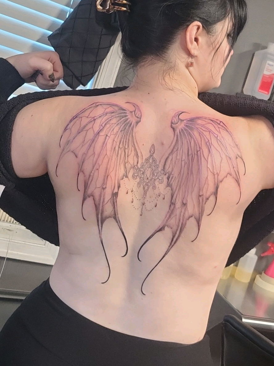 1st session of my sister's backpiece!! Feels so great being able to do a larger piece that's actually my style!! I can't wait to show the end results!! TRUST THE PROCESS🙏 . . . . . #trusttheprocess #backtattoo #philly #demonwings #tattooideas 