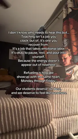 Sometimes I struggle to remind myself that my identity is MORE than teacher. Teaching takes so much more than time — it takes energy, patience, and pieces of our hearts every single day. Weekends can’t just be for catching up; they’re for coming back to yourself. Rest isn’t a luxury for teachers. It’s the reset that keeps us showing up.  My idea of rest is curling up with a book in total silence. What’s yours?  #teachersoftiktok #relatableteacher #teachercontent #teachingontiktok #fyp 