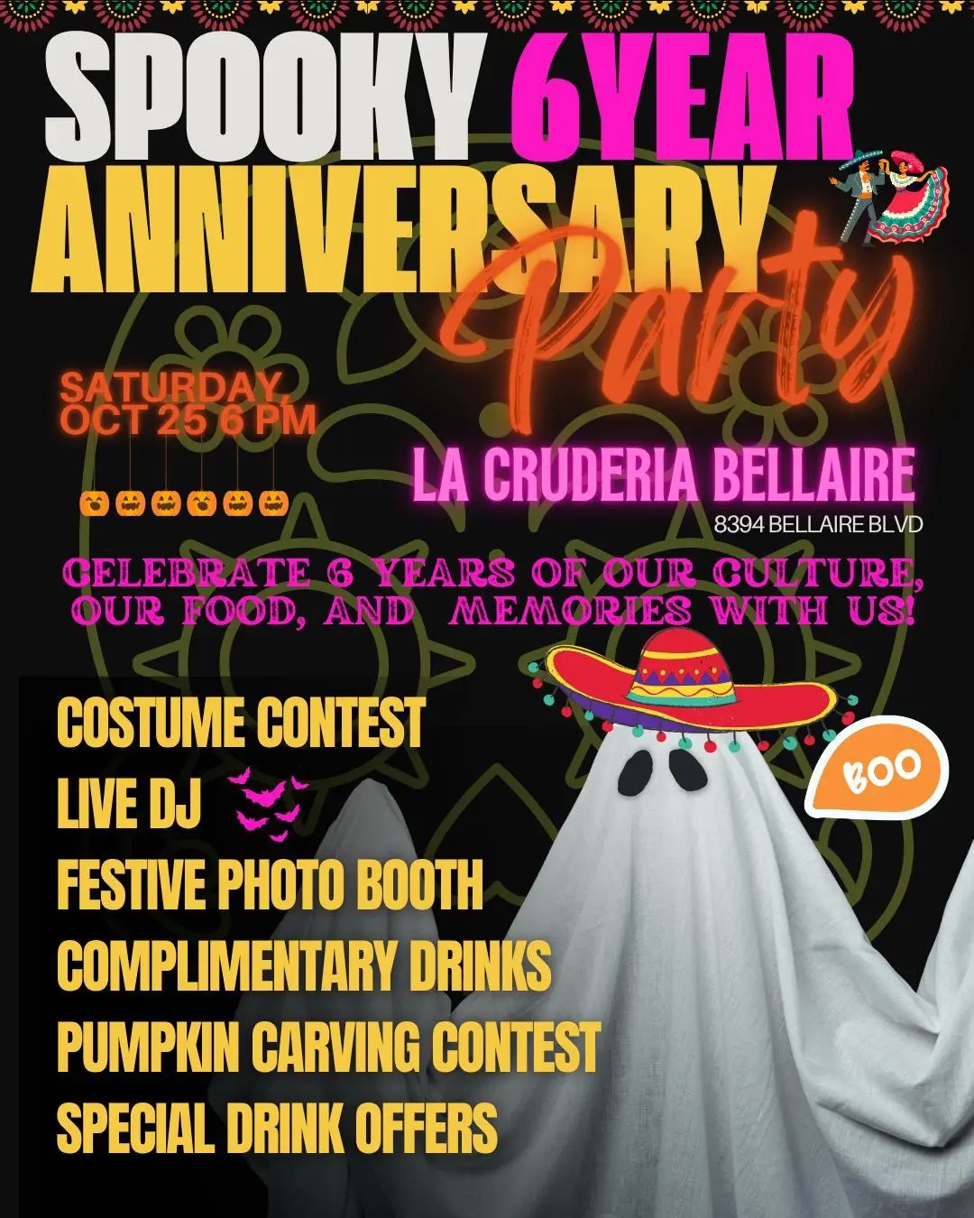 Spooky Seaons = Spooky Celebration!👻 Not just for Halloween, but for 6 years of La Cruderia in Bellaire! We can’t wait to share this day with the community who has given us a home these last 6 years. Let us give back to you! Here’s what’s waiting: 🎭Costume contest 📸Photo booth 🍹Special drinks and complementary sips 🎃Pumpkin carving (mark this off your October bucket list) 🌮And all the flavors of our authentic menu that you love us for! Save this post as a reminder to bring your crew and celebrate six years of food, friends, and families at La Cruderia. Gravitas for your ongoing support of our culture!🧡 📍8394 Bellaire Blvd #lacruderiarestaurant #houstontx #bellaireblvd #bellairetx #houstonrestaurants #mexicanrestaurants #houstonhalloween #halloweenparty #houstonculture #mexicanculture #houstonfoodie #eatlocal #supportlocal #mexicanfood #thingstodoinhouston 