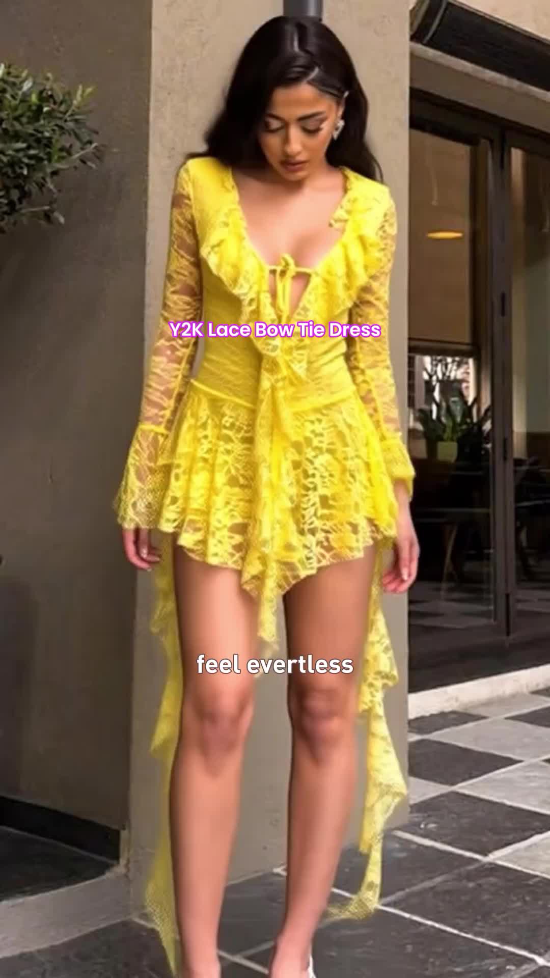Women's Fashion Y2K Lace Bow Tie Flounce Sleeve Dress, Trendy Comfortable Long Sleeve, Stylish Ladies' Clothing 