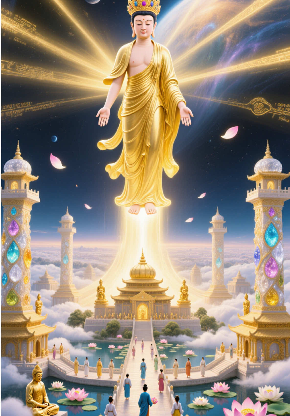 🪷🪷🪷 THẾ GIỚI TÂY PHƯƠNG CỰC LẠC là một nơi như thế nào???    Thế giới Tây Phương Cực Lạc là cõi Tịnh Độ do Phật A Di Đà tạo ra bằng nguyện lực đại bi của Ngài.     Đây là một thế giới hoàn toàn thanh tịnh, không có khổ đau, sinh – lão – bệnh – tử. Theo kinh điển Phật giáo, mọi người ở Cực Lạc đều được sinh ra từ hoa sen, thân tướng trang nghiêm, trí tuệ sáng suốt.     Nơi đây có đất bằng vàng ròng, ao bảy báu, chim hót và gió thổi đều vang lên âm thanh vi diệu nói pháp. Chúng sinh ở cõi này tu hành dễ dàng và sớm đạt đến giác ngộ.     Người tu theo pháp môn Tịnh Độ Tông thường niệm danh hiệu “Nam mô A Di Đà Phật” để cầu được vãng sinh về Cực Lạc sau khi qua đời.     Việc niệm Phật giúp tâm thanh tịnh, hướng thiện và nuôi dưỡng lòng từ bi. Cực Lạc không chỉ là một cõi ở phương Tây, mà còn tượng trưng cho trạng thái an lạc của tâm. Khi tâm người thanh tịnh, đó chính là Cực Lạc hiện tiền.  🪷🪷 Vì vậy, tu Tịnh Độ là con đường đưa con người đến hạnh phúc và giải thoát. #phatphapnhiemmau #nammoadidaphat #buddha #phatphap #tayphuongcuclac 