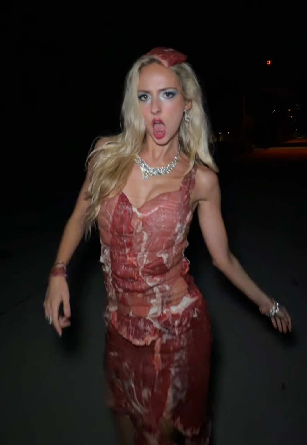 Re created lady Gaga’s iconic meat dress! #meat #meatdress #ladygaga #halloween #nataliereynolds meat dress Halloween costume. Special effects and makeup 
