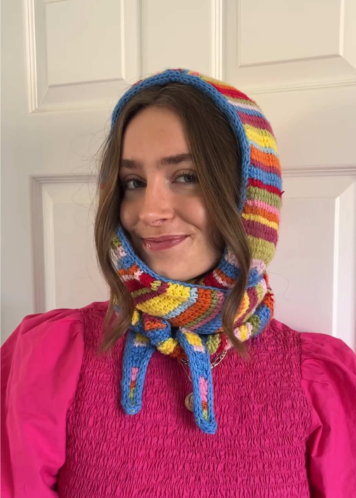 What isn’t shown: the hundreds of loose ends I had to sew in 🫠 Pattern: The Hyde Hood (by meeee) - Size 3 #crochet #tunisiancrochet #crochettok #scrapyarnproject #tunisiancrochetforbeginners 
