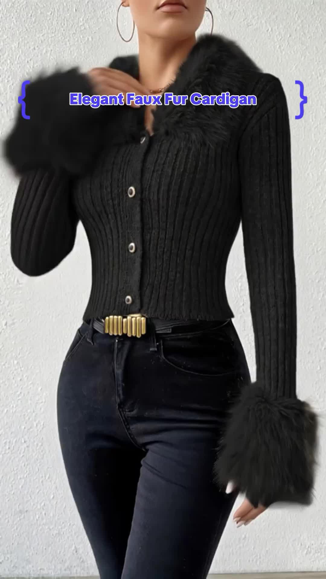 Elegant Faux Fur Collar Cardigan Sweater for Women HX375904 Sexy Solid Color Knit Polyester with Button Detail for Fall/Winter Collection Micro Elasticity Knitting Black Long Sleeve Knitwear #sweaterforwork #fauxfurcomforter #velvetcardigan #fashionablewomensclothing #silkyhoodie #autumnandwintercoat #jeanhoodie #womenssweatshirtset #winterblouses #pulloverpufferjacket