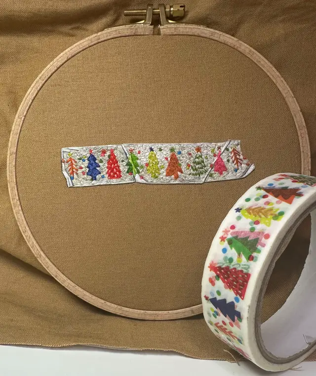 Available. Hand stitched Christmas tape in a 5.5 inch diameter hoop. Please message me if interested.  #handembroidery #handstitched #threadpainting #artistsoftiktok #fiberart 