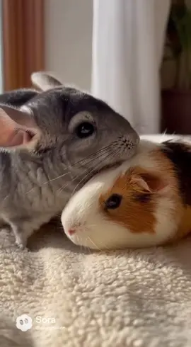 まるで兄弟みたい🐹🐭💞 チンチラとモルモットが仲良く毛づくろい。 #chinchilla #guineapig #cute #癒し #AIvideo