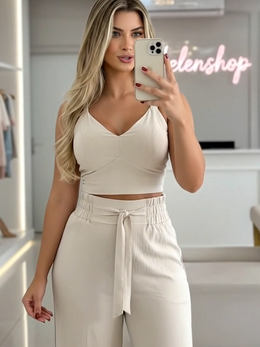 Conjunto Feminino Duna : Calça Pantalona e Cropped com Bojo Alça Regulagem.