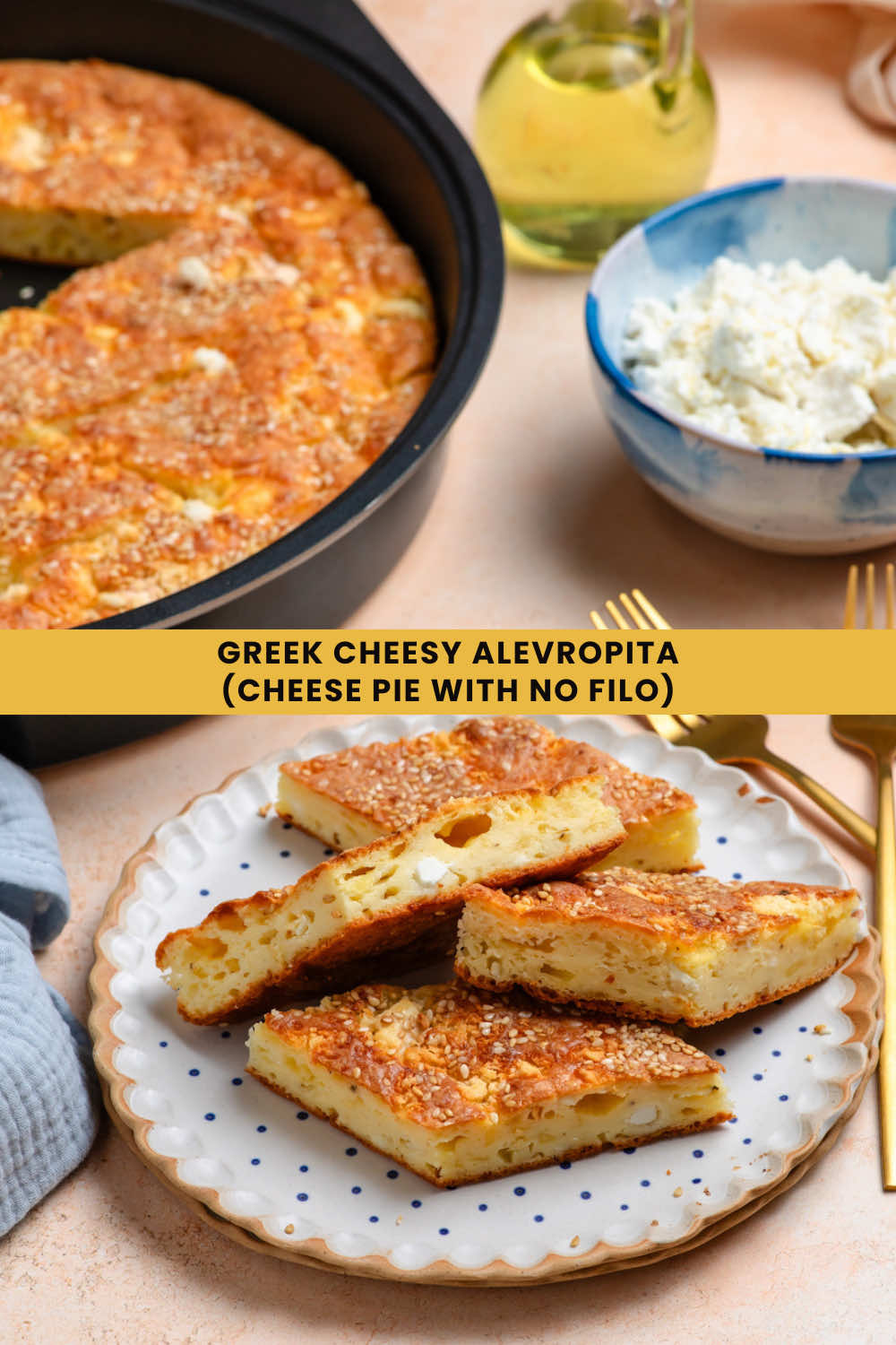 Greek Cheesy Alevropita (Cheese Pie with no Filo) Χυτή Τυρόπιτα (Αλευρόπιτα) Prep time: 10 minutes Cook time: 35 minutes INGREDIENTS 1½ cups (240 g) gluten-free self-raising flour  (αλεύρι που φουσκώνει μόνο του, χωρίς γλουτένη) 2 tablespoons (30 ml) olive oil (ελαιόλαδο) 1 cup (250 ml) milk (γάλα) 1½ cups (375 g) Greek yoghurt (ελληνικό γιαούρτι) 3 eggs (αυγά) 2 cups (200 g) feta (φέτα), plus extra 50g for the top 1 cup (120 g) grated tasty cheese (κίτρινο τυρί τριμμένο) Salt and pepper (αλάτι και πιπέρι) 3 tablespoons (40 ml) olive oil (ελαιόλαδο), for the tray 1–2 tablespoons white sesame seeds   INSTRUCTIONS 1. Preheat oven and prepare baking tray Preheat the oven to 180°C (fan-forced).Pour the olive oil into a non-stick 25–30 cm baking tray (round or square).Place the tray in the oven for 10 minutes so the oil heats up. 2. Mix wet ingredients Place the oil, milk, eggs, Greek yoghurt, salt, and pepper into a large bowl.Whisk until smooth. 3. Add cheeses Add the feta and grated tasty cheese.Whisk again to combine. 4. Add flour Pour in the gluten-free self-raising flour and whisk one final time until you have a pourable batter (χυτός χυλός) - loose but not watery. 5. Assemble Carefully remove the hot tray from the oven.Pour in the batter.Crumble extra feta over the top and sprinkle with white sesame seeds. 6. Bake and Serve Bake for 35 minutes or until golden, puffed, and set in the centre. Allow to cool for 30 minutes before slicing and serving. Note: microwave to reheat.  #cheese #greekrecipes #tiropita #glutenfreerecipes 