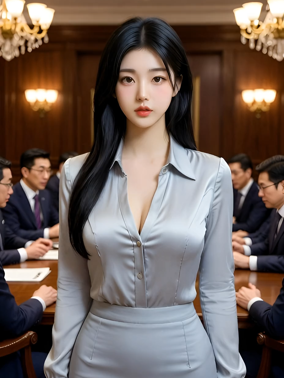 Timeless Pearl-Gray Beauty in Wood Boardroom | 원목 보드룸의 시대를 초월한 진주빛 비서 Goddess K-POP Idol Secretary Gorgeous idol-faced secretary commanding quiet luxury in a classic wood-paneled boardroom. 클래식 원목 집무실에서 압도적인 아우라를 뿜어내는 여신 비서. #LuxuryOffice #KoreanBeauty #SecretaryVibes #ClassyWoman #IdolVisual