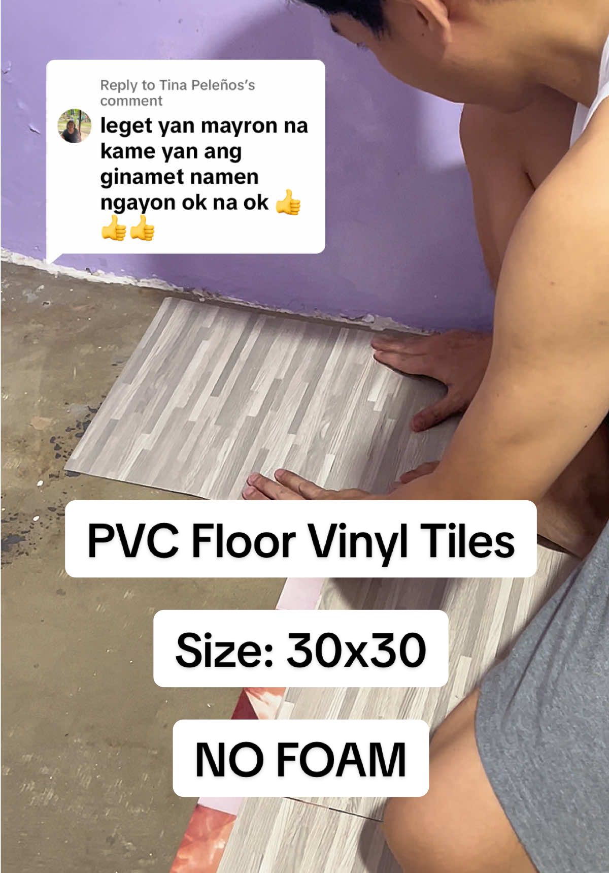 Replying to @Tina Peleños  legit ang ganda ng quality No Foam at talagang pangmatagalan magagamit. #floorvinyls #adhesivevinyltiles #vinyltilesadhesive #floorvinyltiles #30x30vinyltiles 