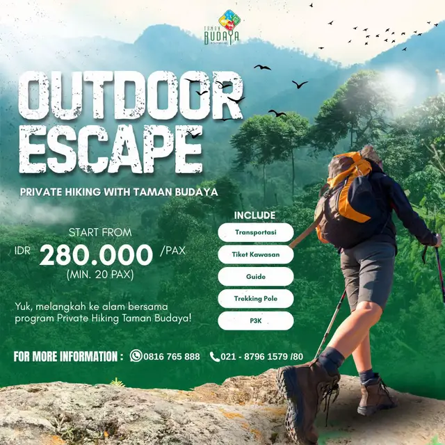 Ingin melepas penat dan merasakan segarnya alam? Bersiaplah untuk pengalaman hiking yang lebih aman, seru, dan eksklusif bersama Program Private Hiking Taman Budaya🧗🏻‍♀️🍃 Dengan harga mulai dari Rp 280.000/pax min. 20 pax, include: ✅ Transportasi ✅ Tiket Kawasan ✅ Guide ✅ Trekking Pole ✅ P3K Ayo, melangkah lebih dekat dengan keindahan alam, memperkuat kebersamaan, dan menikmati petualangan yang tidak terlupakan☀️ Untuk informasi lebih lanjut, kamu dapat menghubungi: ☎0816 765 888 (CS) ☎️021 87961579/80 📱0821-2622-3566 (Wina) 📱0878-7045-0579 (Leo) 📱0877-6525-4084 (Via) 📱0857-1630-1926 (Anjani)