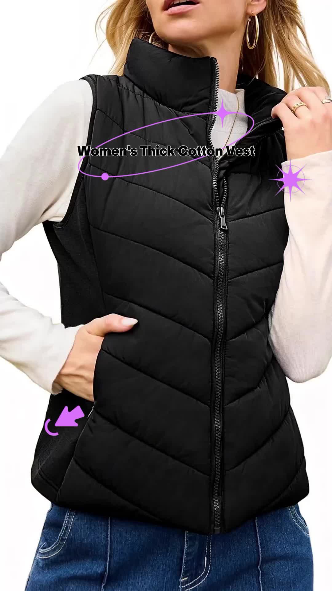 Stand Collar Cotton Vest Thick Padded Cotton Jacket Women's Outerwear #pulloverjacket #womenpajamaset #cowhidejacket #plussizeweightedvest #fleecevest #paddedunderwearforwomen #fashionablewomensclothing #oldnavyjacket #weightedvestforwomen #statementjacket