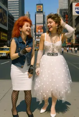 Madonna and Cyndi Lauper having fun at Times Square back in 1984. #ai #madonna #cyndilauper #timessquare #greattimes 