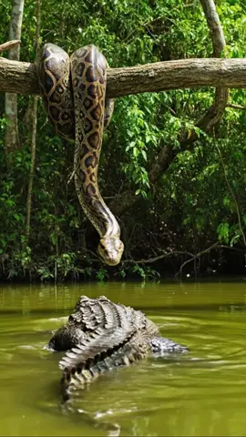 Jungle Standoff: Python vs. Crocodile in the Wild! #Wildlife #Nature #Jungle #Rainforest #Snake       