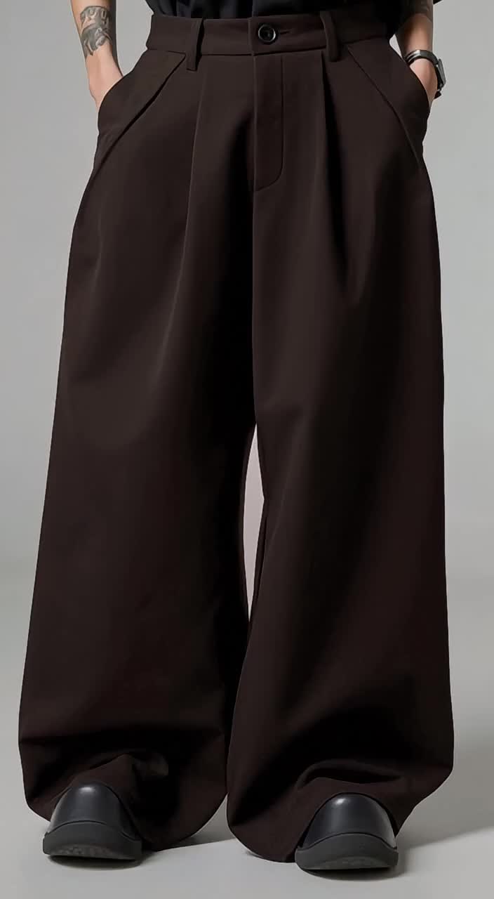 Men's Baggy Wide Leg Pants Zipper Fly Pleated Work Casual Long Trousers with Pocket 