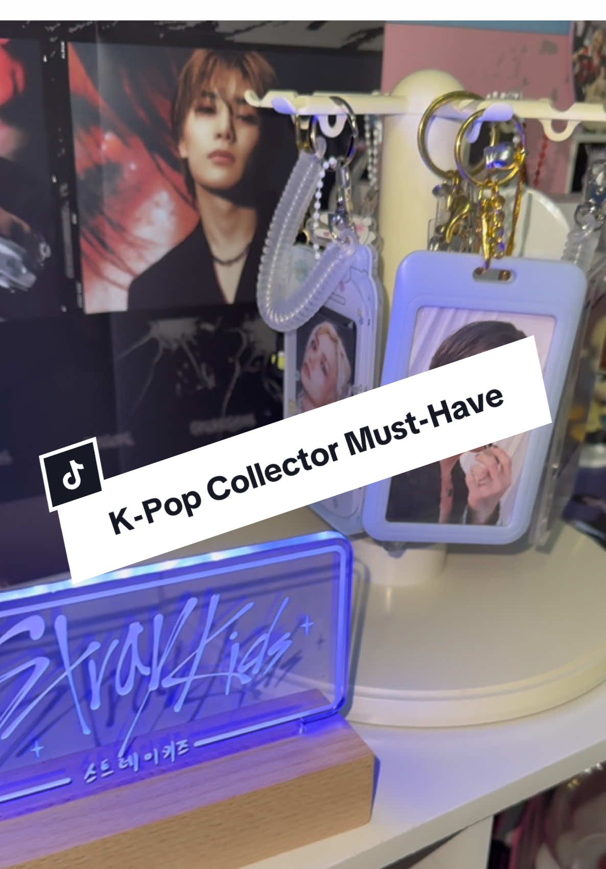 This spinning holder protects them AND looks so aesthetic.  Perfect for Stays and every K-pop collector 🖤 Tap the link and grab yours before they sell out again! #photocardholder #kpopcollector #staytok #straykidsmerch #kpoptiktok 