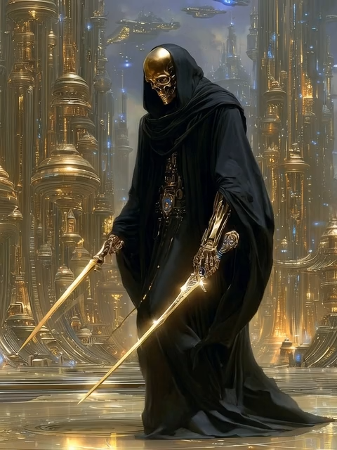 a man in black robes with a gold skull mask and a glowing sword, standing on an elegant platform made of crystals, with a futuristic cityscape background, in the style of donato giancola and stjepan šejić, high detail, full-body portrait, concept art.