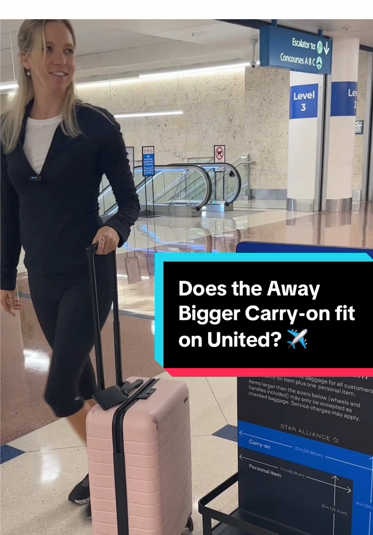 Traveling carry-on only and testing my Away Bigger Carry-On in the United sizer ✈️  It doesn’t technically fit the frame, but I’ve never had an issue bringing it on United flights. United carry-on allowance: 22″ × 14″ × 9″ Away Bigger Carry-On: 22.7″ × 15.4″ × 9.6″ Save this if you’re choosing shopping @Away and choosing between the regular and the Bigger Away.  ❤️ I always reccomend the bigger one if you travel in the US a lot because it fits a ton!  And this one has been put through a lot over the last 5 years, on 3 continents, and too many countries to count - this bag is so durable, and Away’s customer service is amazing!  #awaybiggercarryon #awaytravel #unitedairlines #carryononly #carryonsuitcase 