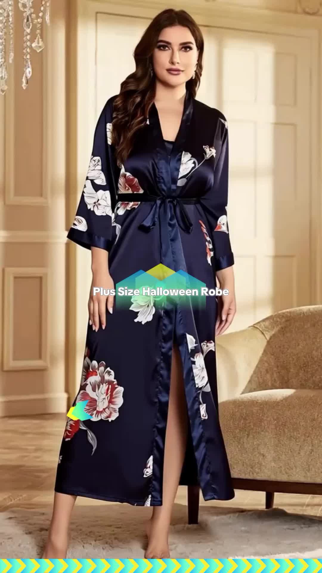 Plus Size Halloween Pumpkin Skull Print Belted Contrast Binding Wrap Robe, Elegant Soft Comfy V Neck Long Lounge Robe, Women's Sleepwear, Summer Outfits 2024 