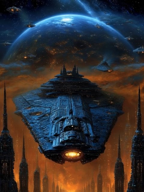 a massive spaceship in orbit above an alien city, fantasy sci-fi art in the style of greg rutkowski, raymond swanland, wayne barlowe, and daniel f. gerhartz