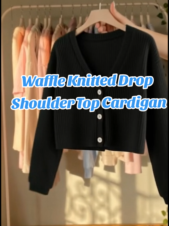 Waffle Knitted Drop Shoulder Top Cardigan Button Front Crop Top Longsleeves #affiliatemarketing #cardigan #croptop 