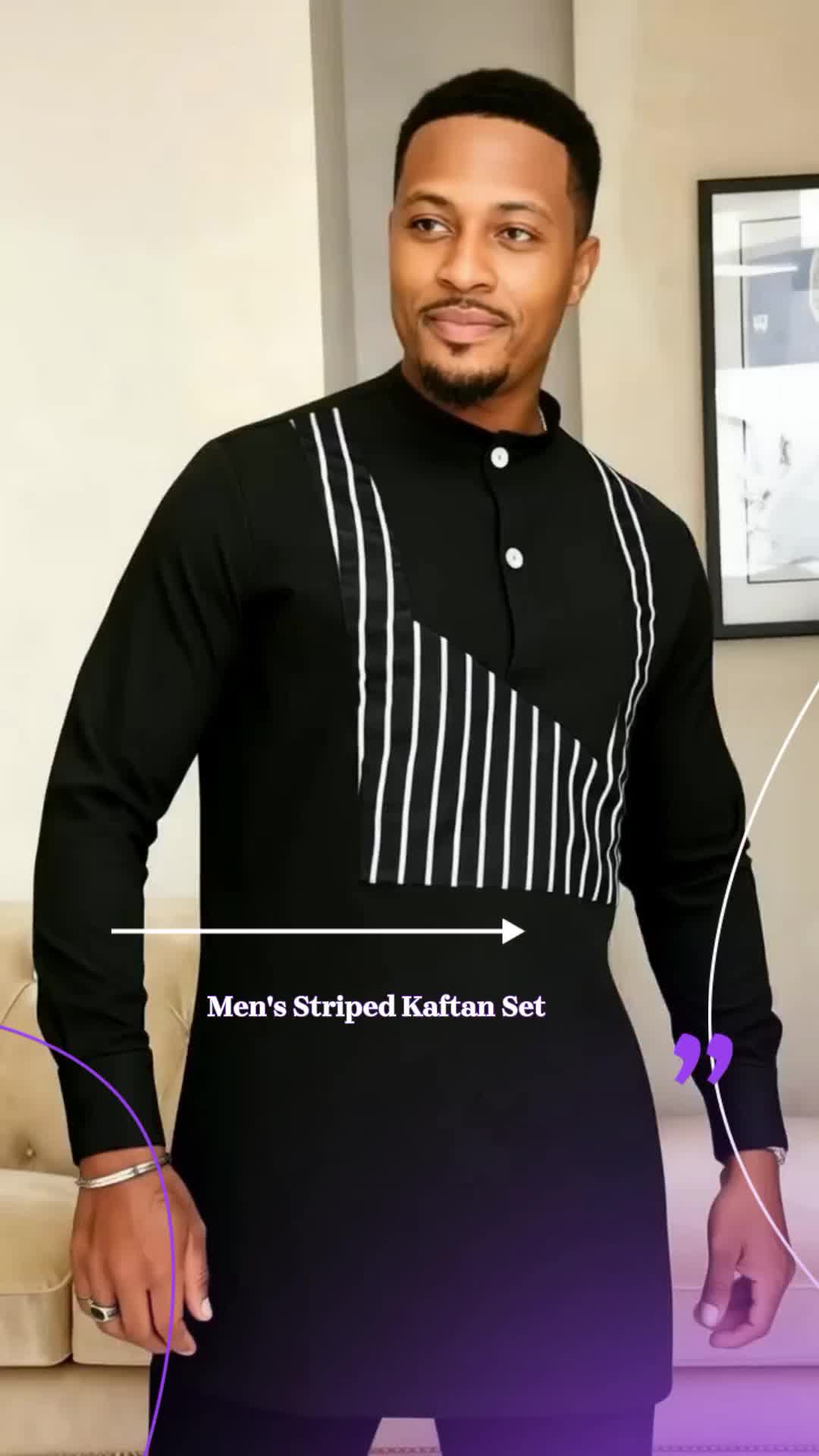 Men's Muslim Kaftan Set, Round Neck Long Sleeve Striped Patchwork Design, Casual African Wedding Party Business Gift, Traditional Clothing 