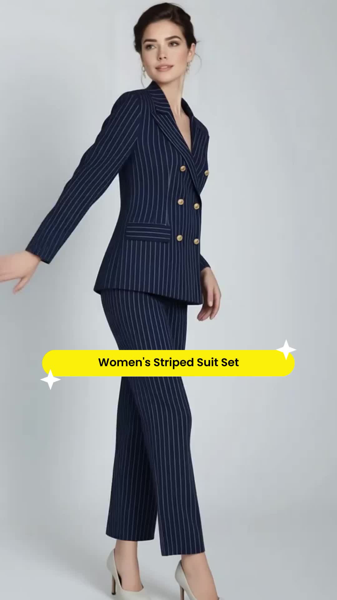 Women's Fall Winter New Fashion Elegant Simple Line Double-Breasted Button Suit Set, Office Commute Wear, Stylish Business Attire 