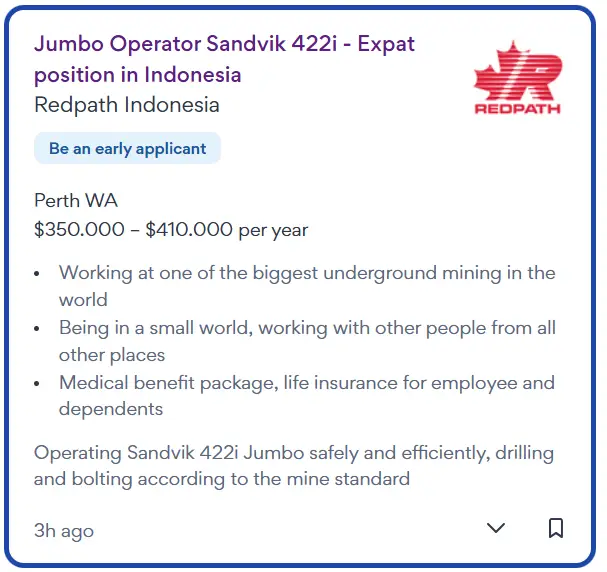 NOT AN ENTRY LEVEL JOB But it gives you a good idea of the money that is on offer when you get your experience up Australian Hardrock Underground Miners are recognised as the best in the world, which is why you can get these high paid overseas jobs. Follow the link to checkout the job or if you are looking for entry level jobs have a look through the feed as we post the entry level jobs and checkout our training at https://undergroundtraining.com.au/ https://www.seek.com.au/job/89005139?ref=search-standalone&type=standard&origin=jobTitle#sol=2d0d731a04d6f2fd9378b367c725840ab7907509