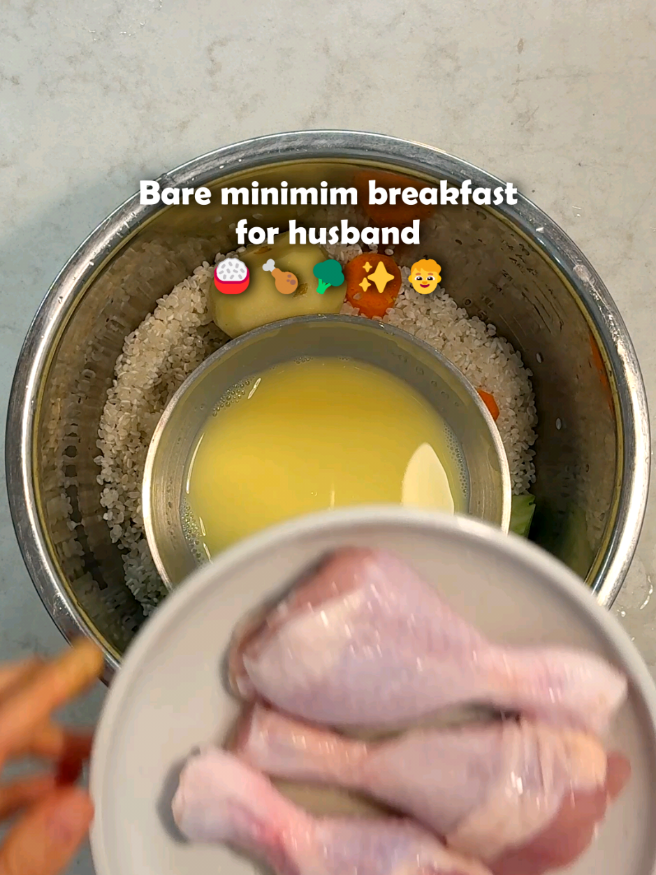 Breakfast for My Husband — Day 1 1. Pressure cook for 15 minutes: 2 cups of rice + a little carrot + 1 potato + broccoli stems 2 eggs + the same amount of water + a pinch of salt Chicken drumsticks + salt + mirin 2. Drizzle soy sauce and sesame oil over the chicken. 3. Toss the potato, carrot, and broccoli with Miracle Whip. #EasyRecipe  #breakfastideas  #onepotmeal  #koreanfood  #mealprep 