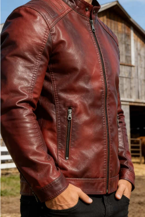 Men's Biker Essential Vintage Jacket - stand collar faux leather bomber coat, must-have for motorcycle enthusiasts and vintage style lovers. #BikerEssentialJacket #VintageFauxLeatherBomber #StandCollarMotorcycleWear #MensRidingMustHave #VintageStyleJacket