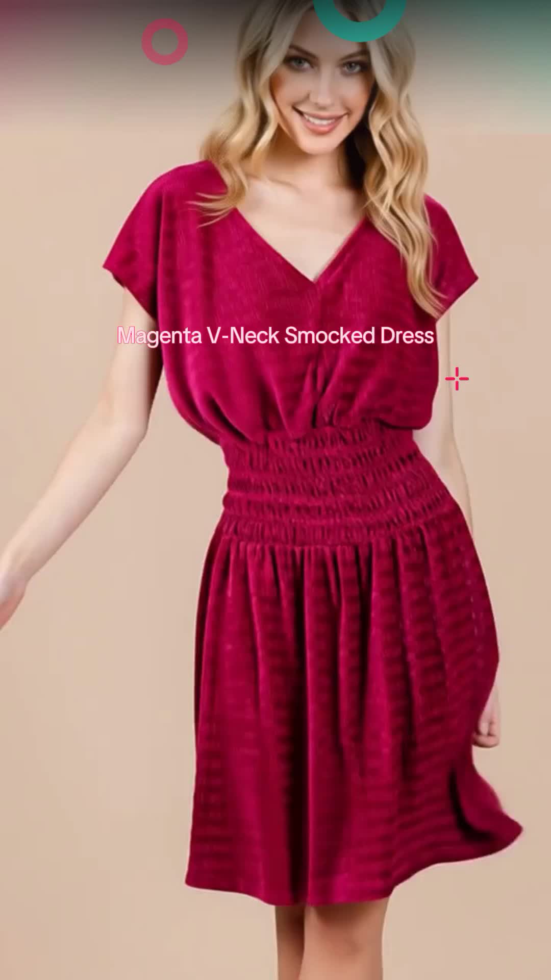 Magenta V-Neck Smocked Waist Short Sleeve Dress with Textured Stripe Pattern 