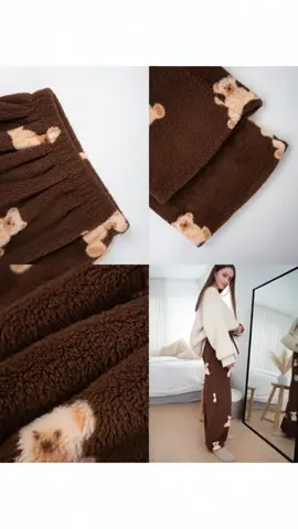 Women's Casual Cartoon Bear Pattern Drawstring Waist Teddy Wool Pants, Fall Winter Long Leggings, Comfortable and Warm, Cozy Home Wear #womenspants #womenssweatshirtset #plussizesweatsuit #winterleggings #cozyloungewearset #widelegjeanswomen #plussizesweats #christmasloungewear #widelegsweats #leopardprintoutfit