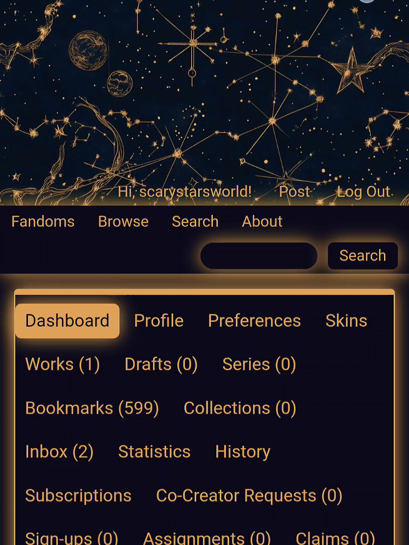 Here's the tutorial :) its not technically meant to be a byler skin but the blue and yellow reminded me of them and I really do like astrology so it worked for me. I'll link the doc in the comments #ao3 #ao3skin #byler #fanfics 