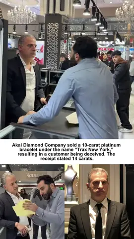 Akai Diamond Company sold a 10-carat platinum bracelet under the name “Trax New York,” resulting in a customer being deceived. The receipt stated 14 carats.
 #DiamondDistrict#TraxNYC#JewelryScam#usa#fyp 