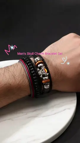 Men's Fashion Skull Charm Bracelet Set, 3pcs Handmade Beaded Adjustable Bracelets, Casual Holiday Party Jewelry, Daily Wear Accessory #bracelet #banglebracelets #fashionaccessory #bodyfashionjewelry #falljewelry #kidjewelry #braceletset #chunkycharmbracelet #blackjewelry #bohojewellery