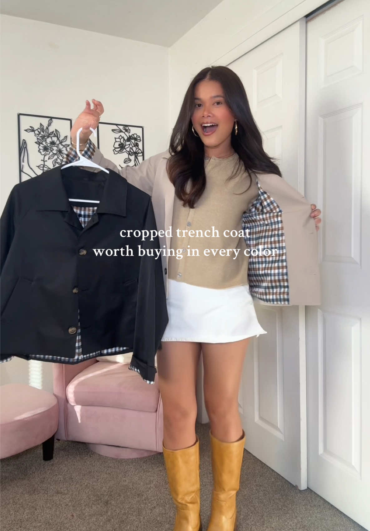 Plaid inside!!! The perfect cropped trench coat 🤍 Black/Small Apricot/Meduim #croppedtrenchcoat #trenchcoat #croppedcoat 