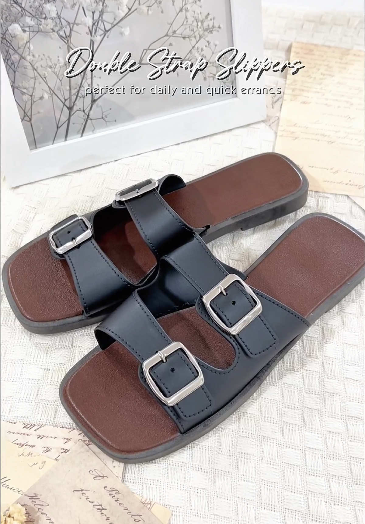 STOMPION Elegant Sandals For Women 👡✨ Two-Strap Flat Slippers with Square Buckle — Simple, Classy & Comfy 🌸💎 #fyp #elegantsandals #flatslippers #classystyle #SummerFashion 