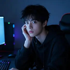 Prompt: handsome young man in a dimly lit room with soft blue and dark ambient lighting, calm but intense expression, smooth youthful features, slightly tousled dark hair, subtle glow on the face from a monitor screen. Soft, moody, night-time vibe. outfit: dark oversized hoodie or black long-sleeve shirt, minimalistic and clean, no logos. Add subtle accessories like a thin chain or small earring to enhance the aesthetic. pose direction: he sits slightly forward with his elbow on the desk, one hand lightly touching his cheek as he looks toward the camera with relaxed confidence and soft intensity. Head slightly tilted for a cinematic mood. environment: dark gaming or bedroom setup with faint LED lights, blurred background elements like computer screens, soft reflections on the skin from cool-toned lights, calm and atmospheric night scene. photography style: iPhone 18 Pro Max low-light portrait mode, ultra-HD clarity, high dynamic range, subtle noise for realism, cool blue-toned shadows, smooth cinematic lighting on the face. color palette: deep navy, black, cool blue highlights, soft warm skin tones   camera angle: close-up shot, straight-on or slight side angle, capturing head and shoulders with strong depth. --optional settings-- (add soft RGB light glow from behind)   (add subtle monitor reflection on the cheek)   (add slight cinematic grain for moody texture)   (add faint bokeh from small LED lights)   (add cool smoke or mist for atmospheric look)   (add soft green or purple tint from LED lights)