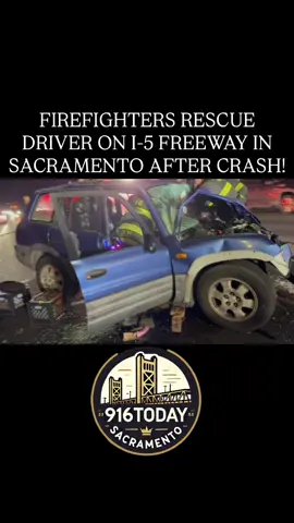 WILD crash on I-5 near Arena Blvd in Sacramento 😬💥 Firefighters had to cut the car open to rescue the driver. 🚑🔥 #sacramento #916 #viral 