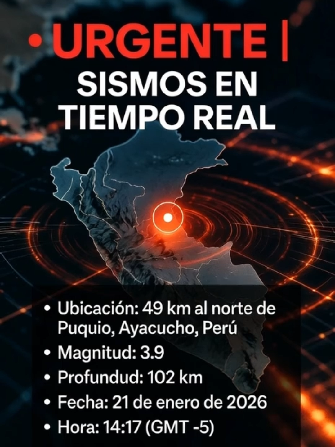 🚨 Último momento | Sismos en tiempo real Sismo de magnitud 3.9 📍 49 km al norte de Puquio, Ayacucho, Perú 📅 21/01/2026 ⏰ 14:17 (GMT -5) 📉 Profundidad: 102 km 💬 ¿Lo sentiste? Cuéntanos en los comentarios y dinos desde qué ciudad o región nos sigues. Sismos en tiempo real. Conectando un temblor a la vez. #SismosEnTiempoReal #UltimoMomento #Sismo #Temblor #Peru #Ayacucho #Puquio #AlertaSismica #Noticias #BreakingNews #Geologia
