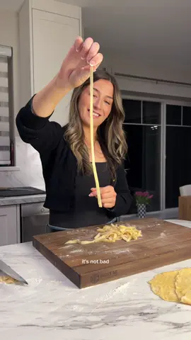 Let’s make fresh pasta 🍝🤭✨ #pasta #tutorial  Recipe: 2 cups of all-purpose flour (240 g) 3 eggs (~164 g) Instructions: 	1	Add flour to a work surface and create a well in the middle. Add the eggs and use a fork to slowly incorporate the eggs into the flour.  	2	When the dough has lightened in colour and the dough starts sticking to the fork, use a bench scraper to bring the mixture inwards to combine.  	3	When a shaggy dough forms, knead until it becomes a smooth dough, for about 7-10 minutes. When you poke it, and it bounces back, you’re ready.  	4	Wrap in plastic wrap and rest at room temperature for about 20 minutes. 	5	Cut into four and using minimal flour, roll the pieces out. I like to do a little rolling about 30 seconds at a time on each, this gives the dough to relax and easier to stretch between rolls. 	6	You want it thinner than you think, just because it expands slightly when cooked.  	7	Get a pot of water ready to boil on the stove. When you have a long oval shape, add a sprinkle of flour in the middle and rolll up, the long way. 	8	Slice into desired pasta thickness and continue with the other pieces.  	9	When ready to boil, season water generously with salt and boil the noodles for 1-3 minutes depending on their thickness. Try a noodle after a minute to gauge.  	10	Add to the desired sauce with about 1/2 cup of pasta water (this helps the sauce cling to the noodles) and enjoy!  Pots/Pans/Cutting board/Knives: @HexClad 