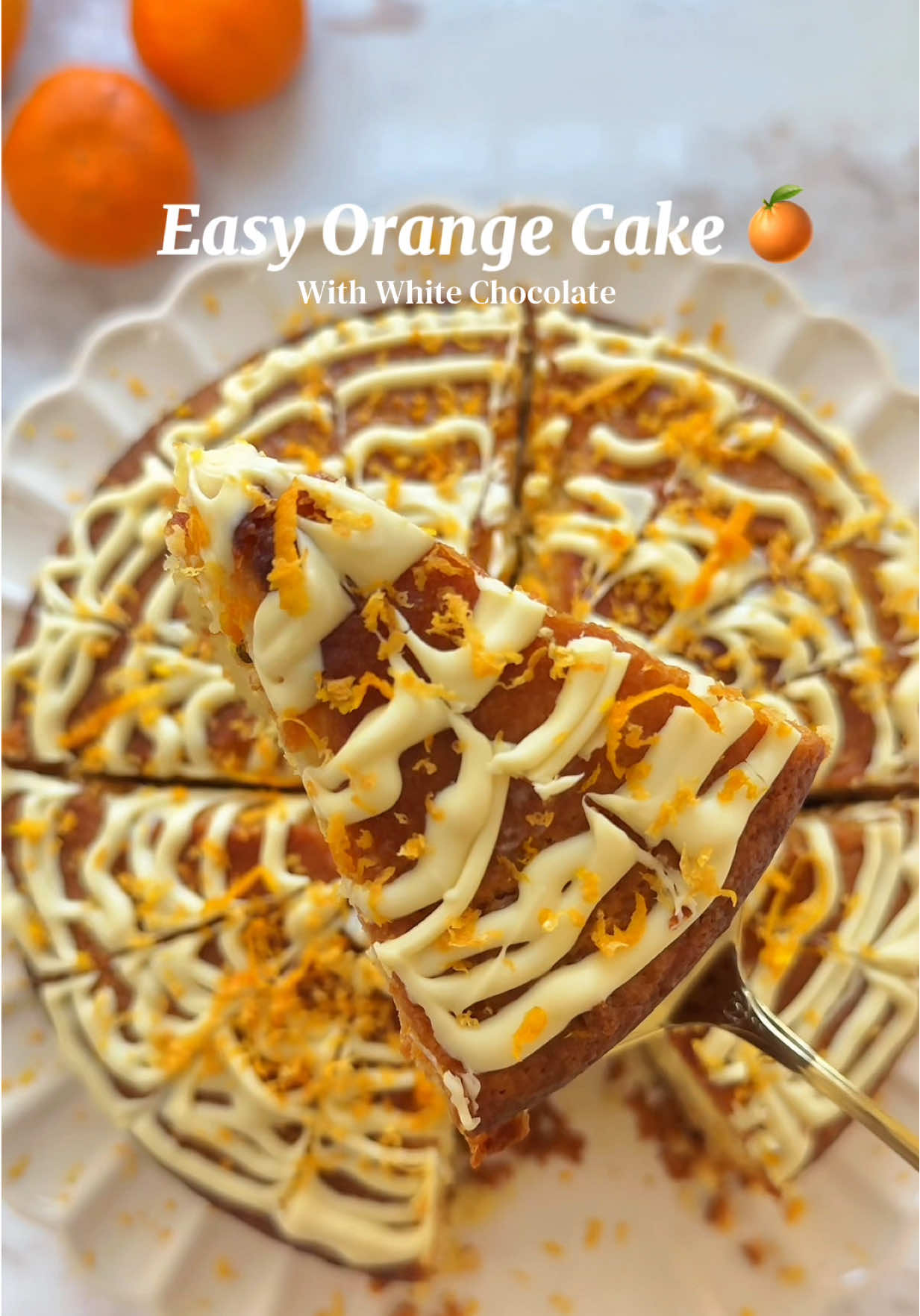 Orange cake 🍊🍰 📌Ingredients: 2 oranges 3 medium eggs 1 cup sugar (160 g) ½ cup oil (125 ml) 2 tsp baking powder 2 tsp vanilla extract 2½ cups flour (250 g) Juice of 1 orange A pinch of salt Optional topping 	•	White chocolate (melted) 	•	Grated orange zest Instructions: Cute the oranges and make sure to remove the white parts of the oranges so the cake does not taste bitter. Blend the oranges, sugar, and eggs until smooth. Add the oil, then mix in all the dry ingredients using a whisk. Pour the batter into a cake pan. Bake at 180°C (356°F) for about 40 minutes, or at 170°C (338°F) for a slightly longer time. Do not open the oven during the first 30 minutes. Once baked, let the cake cool slightly, then evenly pour the orange juice over the top. Garnish with white chocolate sauce and grated orange peel if desired. Enjoy! ⭐️Tips: - Do not open the oven during the first 30 minutes of baking. - Remove the white pith from the oranges to prevent a bitter taste. - Add the orange juice while the cake is slightly warm, not completely cold. - If the cake is cooked on the outside but still raw inside, cover it loosely with foil and continue baking until the center is fully cooked. #orangecake #EasyRecipes #cakerecipe #easybaking 