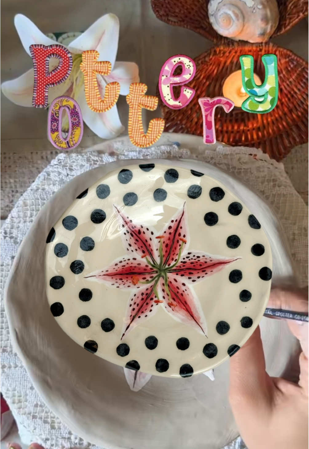 pottery painting the madonna lily plate 🖌️💐 ps !! ceramics restock tomorrow <3