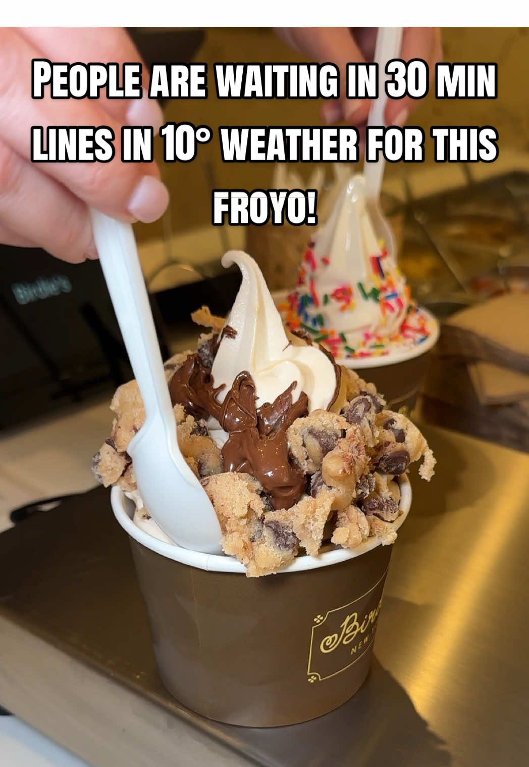 People are waiting in 30 minute lines in 10° weather to try this froyo! I had to come back for more @birdiesnyc!  Pro order: a peanut butter + coffee twist with cookie dough and Nutella crunch toppings!  #froyo #frozenyogurt #westvillage #newyorkcity
