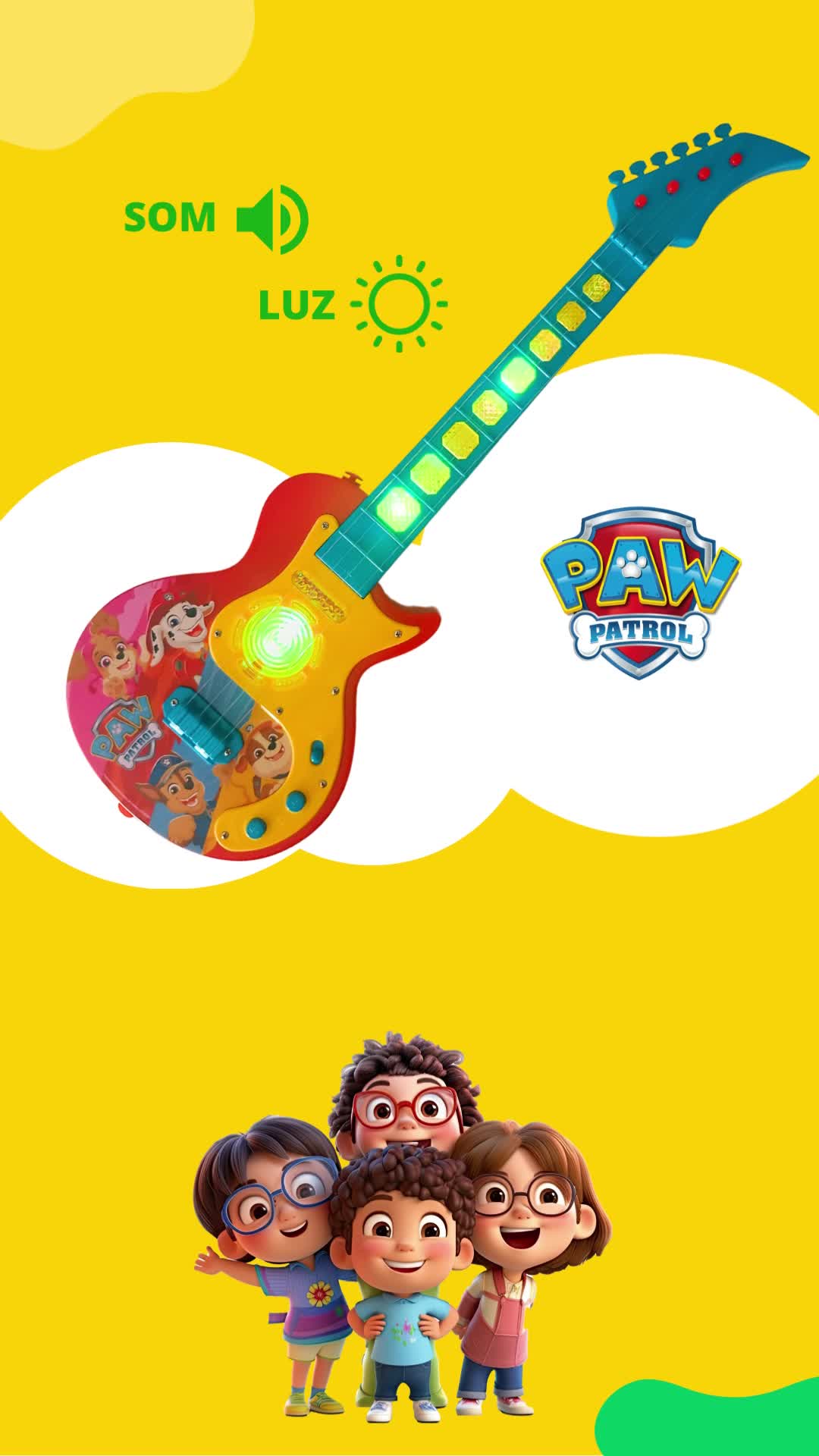 Guitarra da Patrulha Canina Paw Patrol da marca Candide 1906. Guitarra eletrônica musical toca música de verdade, as crianças vão detonar com essa guitarra se torne uma estrela da música.

Tem múltiplas funções elétricas, acende luzes e toca sons de verdade! Acompanha uma cinta para pendurar no corpo enquanto você produz as performances mais incríveis no palco.  