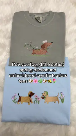 The cutest spring dachshunds embroidered spring tees available in our shop 🐶🌸🐶🌷🐝🌼 #embroidery #comfortcolors #springtee #springfashion #dachshundsoftiktok 